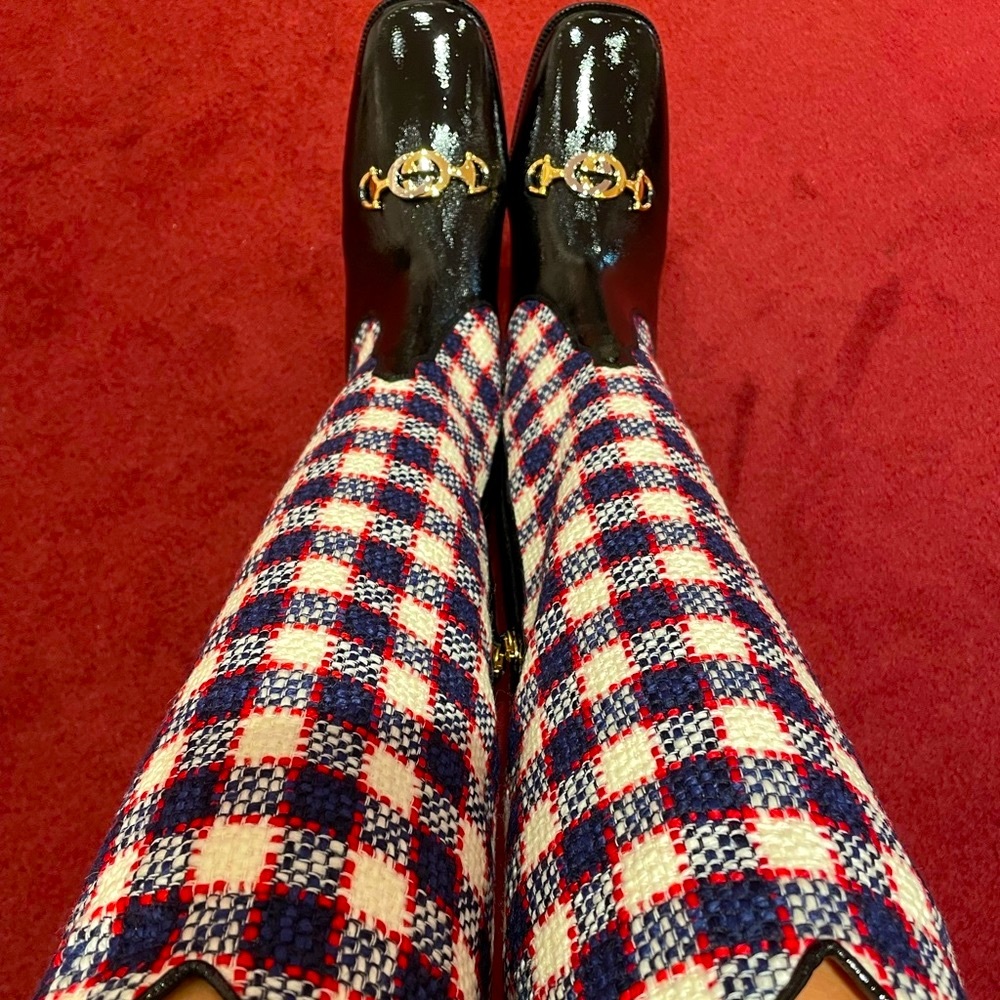 Gucci Red Zumi Check Tweed Knee Boots